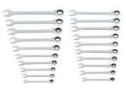 A set of twenty ratcheting combination wrenches laid out on a white background. The wrenches are divided into two groups, with sizes marked in both inches and millimeters. Each wrench has a standard open end on one side and a ratcheting closed end on the other. The brand name 'Craftsman' is visible on each tool.
