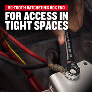 Photo of Craftsman ratcheting box end wrench CMMT87220 in use on machinery in a tight space.