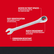 Photo of Craftsman ratcheting wrench, chrome finish, 1/2 size, model CMMT87220, side angle on red background.