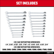 Photo of Craftsman ratcheting wrench set CMMT87220, 20 wrenches in SAE and MM sizes, flat lay on white background.