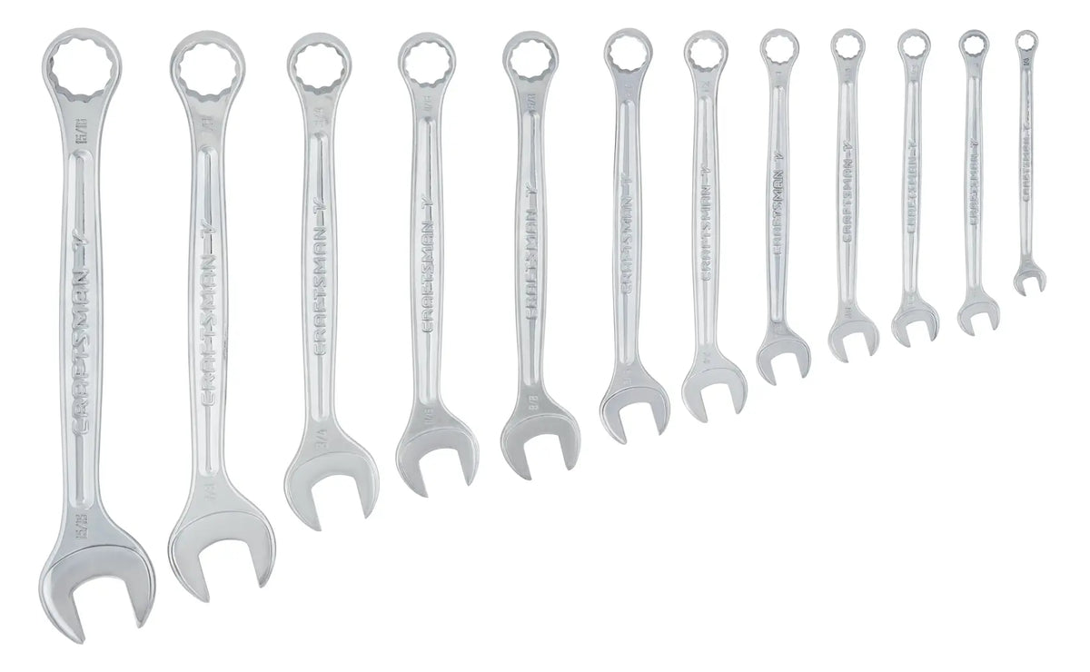 Photo of Craftsman wrench set, 12 silver wrenches, SKU CMMT87300V, side angle, on white background.