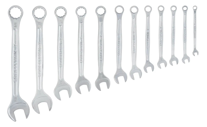 Photo of Craftsman wrench set, 12 silver wrenches, SKU CMMT87300V, side angle, on white background.
