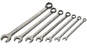 A set of eight combination wrenches of different sizes arranged in a row, each with an open-end and a box-end. The wrenches are metallic and have measurement markings and brand name engraved on them.