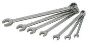 A set of seven polished combination wrenches of varying sizes, arranged in a fanned-out pattern on a white background.