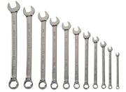 A set of ten silver combination wrenches of different sizes arranged in a row on a white background. Each wrench shows the CRAFTSMAN brand and has both an open-end and a box-end.