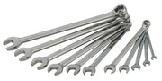 A set of metallic combination wrenches arranged in a fan shape, displaying various sizes. One end of each wrench is open, and the other end is a closed ring for gripping bolts.