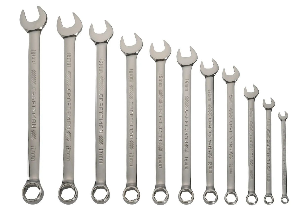 A set of eleven combination wrenches arranged in size order from largest to smallest. Each wrench has an open end and a box end, and is made of polished metal. The sizes are clearly marked on the wrenches, and the brand name 'Craftsman' is engraved on each handle.