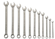 A set of eleven combination wrenches arranged in size order from largest to smallest. Each wrench has an open end and a box end, and is made of polished metal. The sizes are clearly marked on the wrenches, and the brand name 'Craftsman' is engraved on each handle.