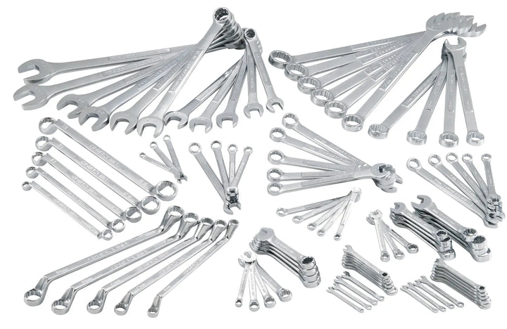 Photo of CRAFTSMAN combination wrench set, SKU CMMT87902, silver, assorted sizes, laid out on white background.