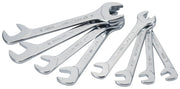 Photo of CRAFTSMAN open-end wrench set, SKU CMMT94308, seven chrome wrenches fanned out, white background.