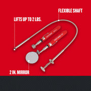 Photo of CRAFTSMAN inspection tool set, SKU CMMT98276, with red handles, 2 in. mirror, flexible shaft, and pickup tool on white background.