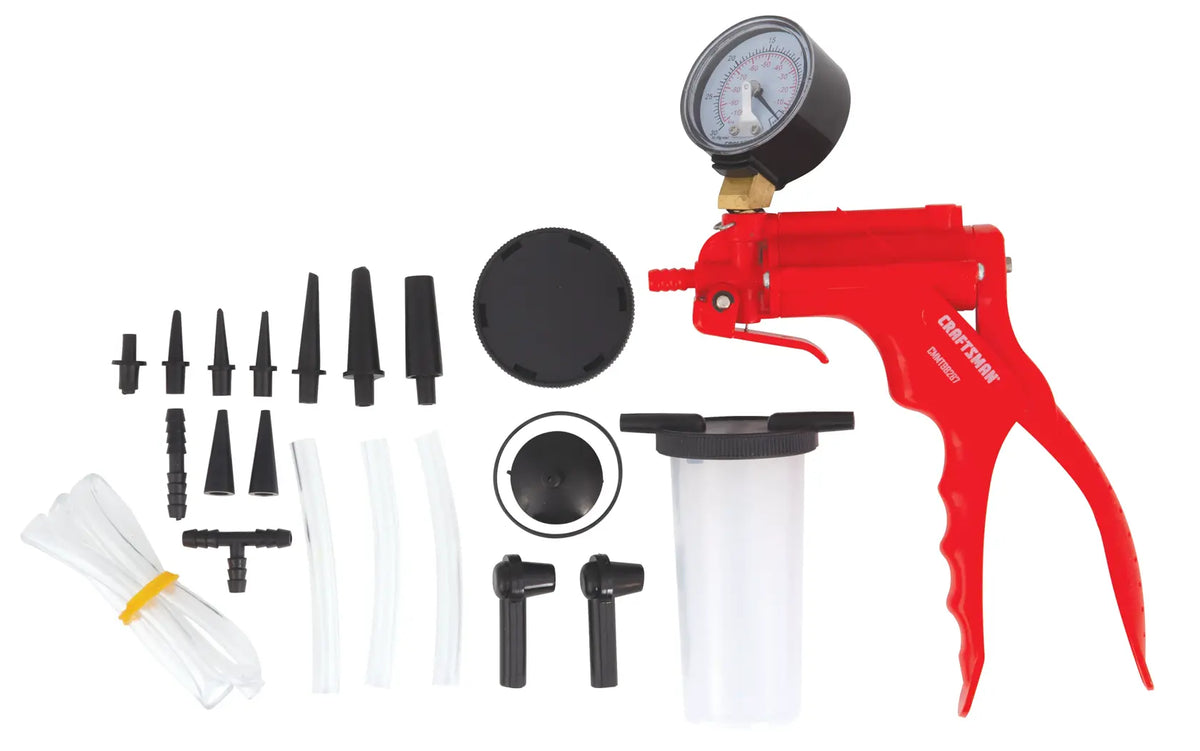 Photo of Craftsman CMMT98287 brake bleeder kit with red hand pump, hoses, gauge, adapters, and accessories on white background.