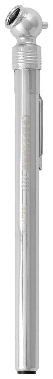 Craftsman tire pressure gauge CMMT98294, silver pen-style, side angle, on white background.