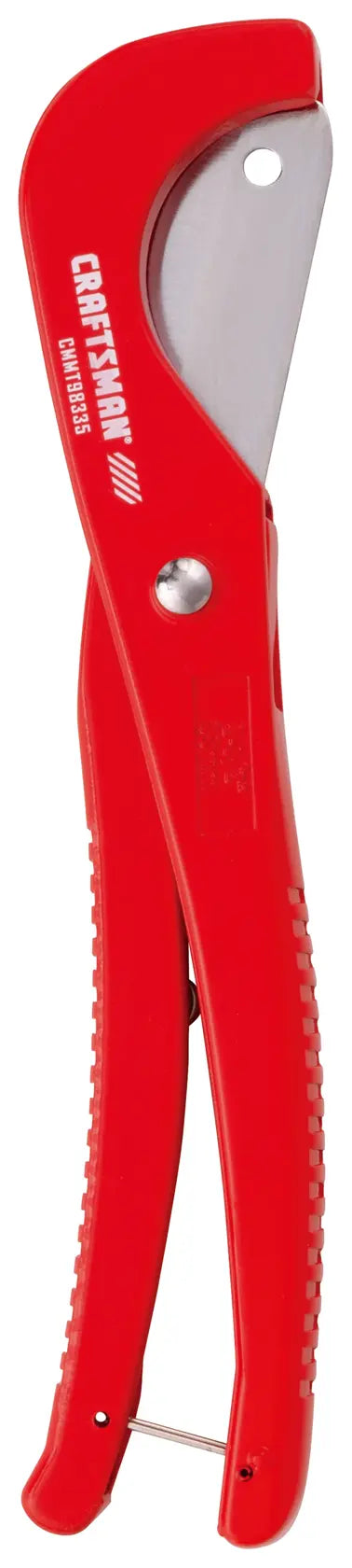 Photo of Craftsman pipe cutter CMMT98335, red handle, side angle, silver cutting blade visible.