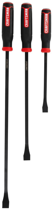 Photo of three Craftsman flat pry bars with black shafts and red and black handles, SKU CMMT98347, front angle.