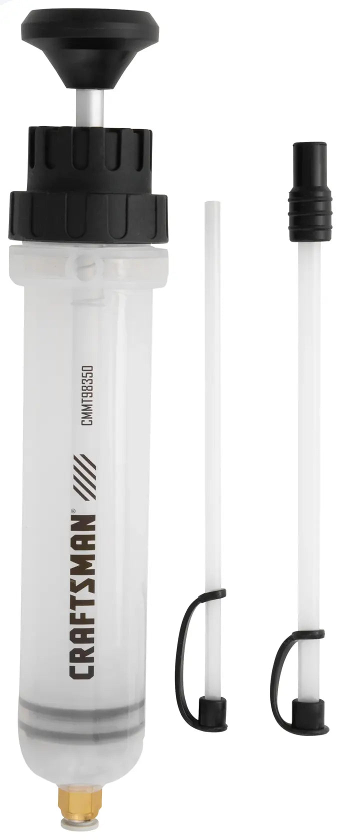Photo of Craftsman fluid transfer pump CMMT98350 with two clear extension tubes, product shown on white background.