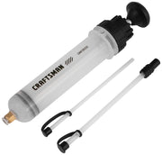 Photo of Craftsman fluid transfer pump with two extension tubes, model CMMT98350, side angle, white background.