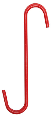 A red metal S-shaped hook, photographed against a plain white background.