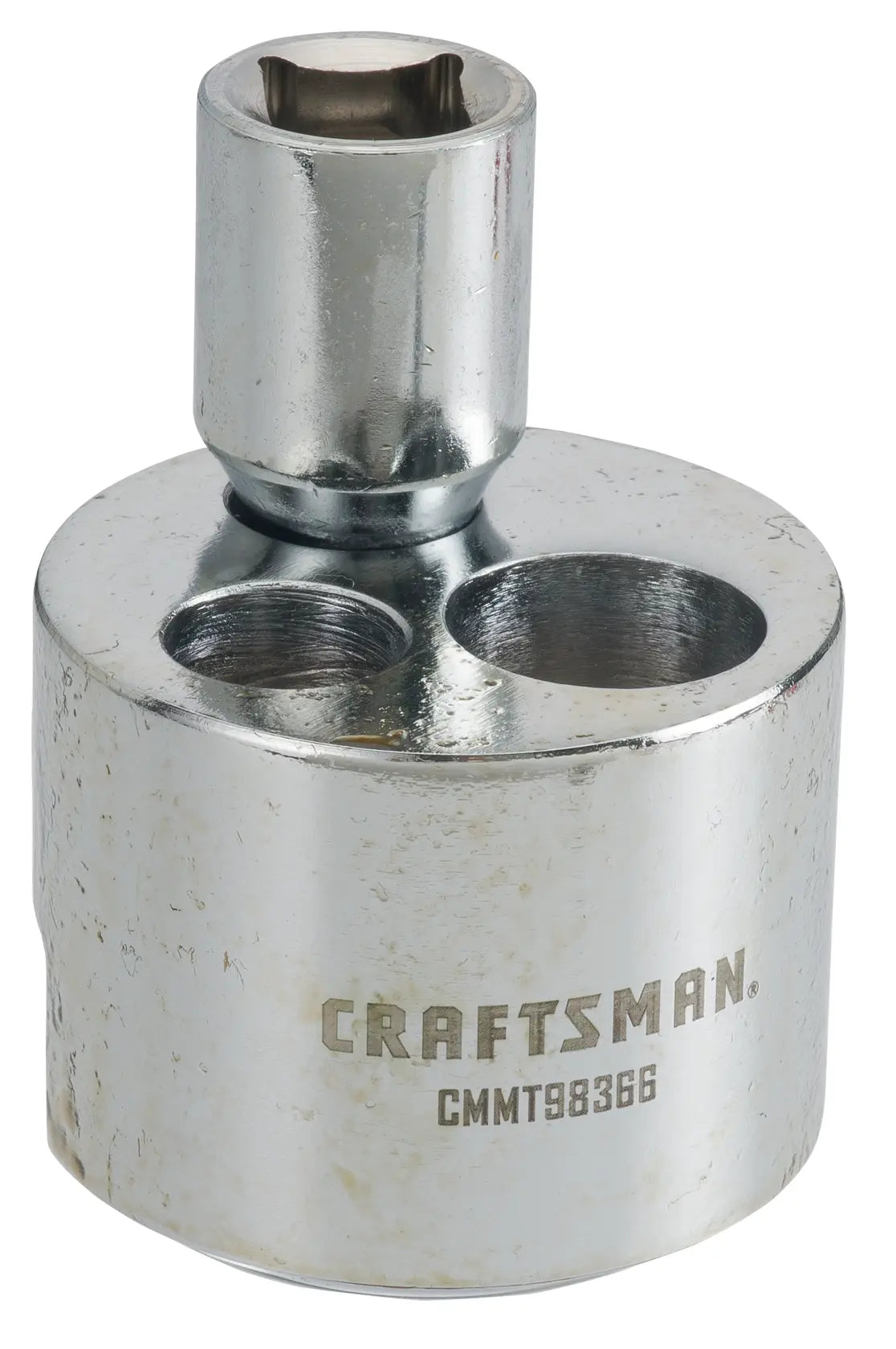 Photo of Craftsman CMMT98366 silver adapter socket with three holes, product shown on white background.