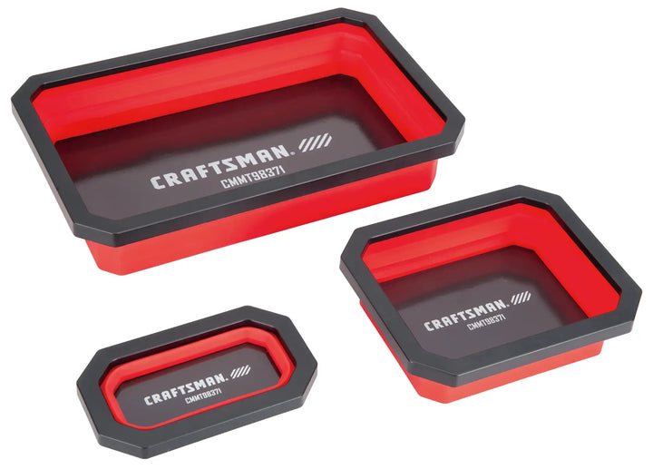 Photo of three CRAFTSMAN CMMT98371 red and black rectangular magnetic trays on white background.