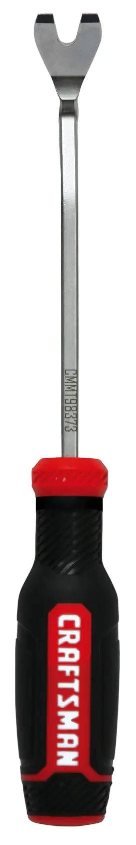 A Craftsman brand nail puller tool with a black and red handle and a metal shaft featuring a forked end for removing nails.
