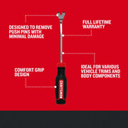 Photo of Craftsman push pin removal tool, black and red handle, graphics SKU CMMT98373, front angle.