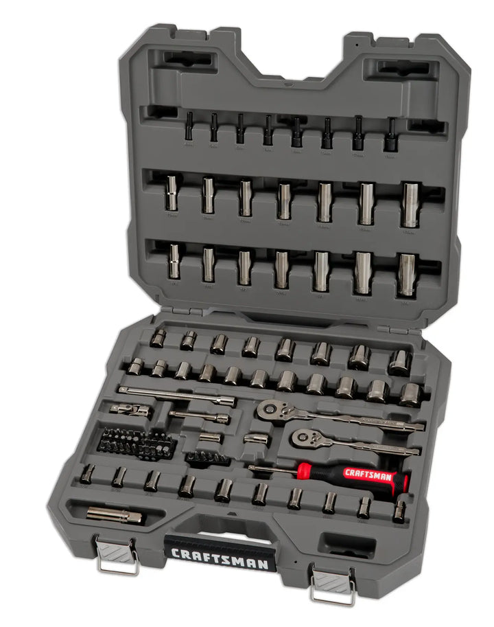 Craftsman CMMT99099 tool set in gray case, sockets and ratchets neatly arranged, front angle photo.