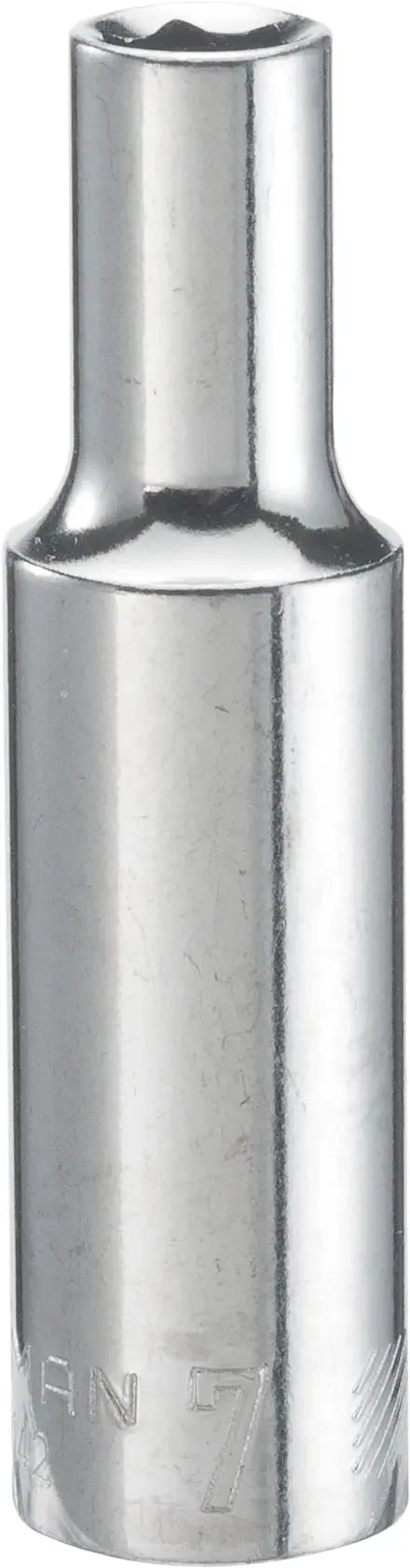 Photo of Craftsman CMMT99142 chrome deep socket, single piece, shown upright on white background.