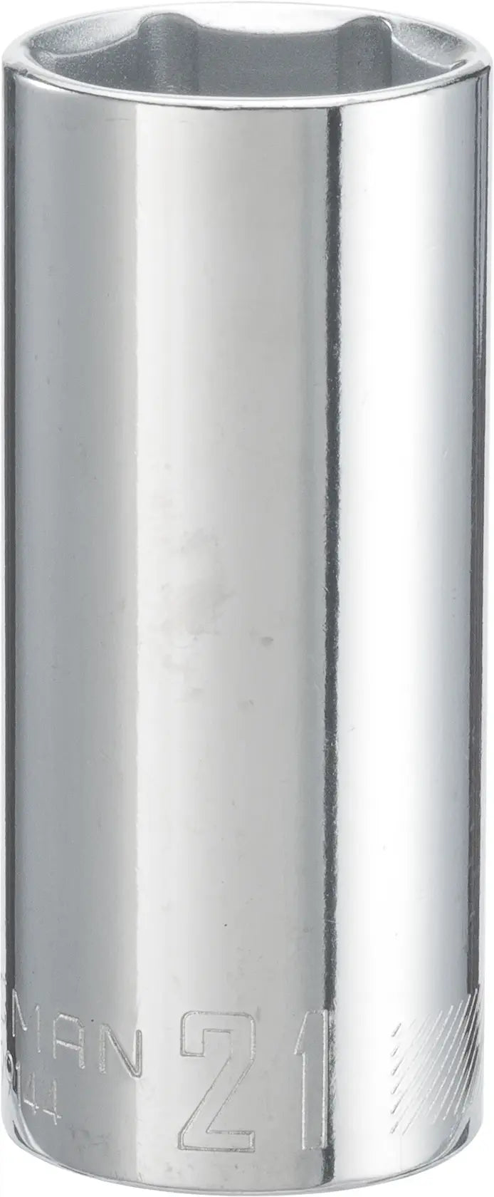 Photo of Craftsman CMMT99144 chrome 21mm deep socket, cylindrical shape, shown on white background.