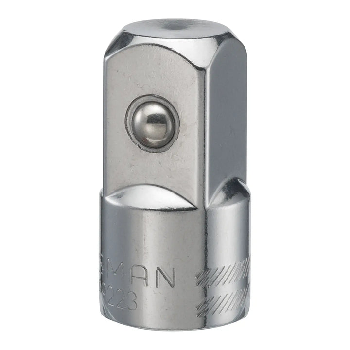 Photo of Craftsman socket adapter, SKU CMMT99223, chrome finish, knurled grip, shown upright on white background.