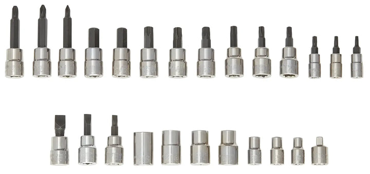 Photo of Craftsman socket bit set, SKU CMMT99258, assorted metal bits in rows, front angle on white background.