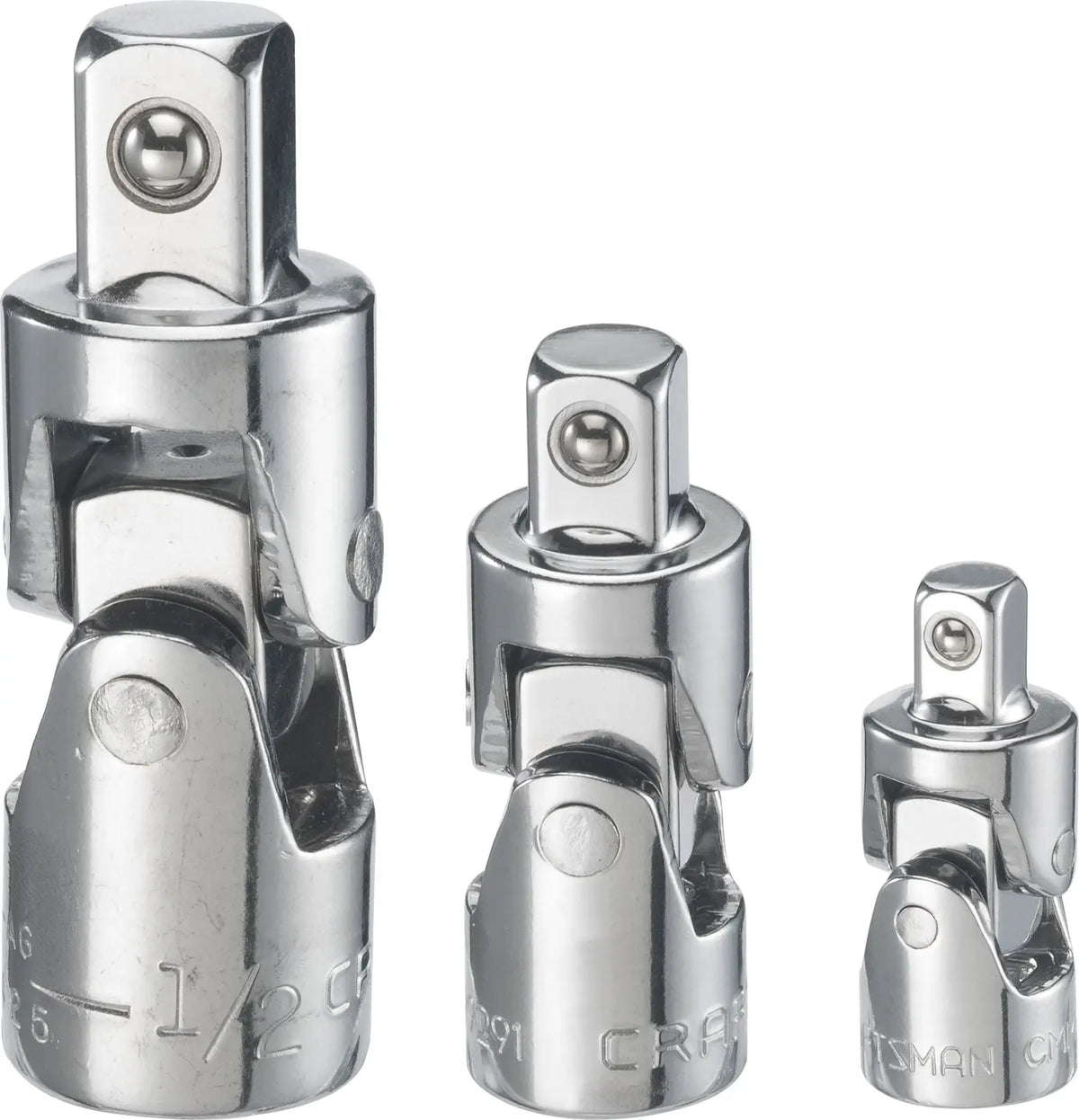 Photo of three Craftsman universal joint socket adapters, SKU CMMT99277, chrome finish, front view on white background.