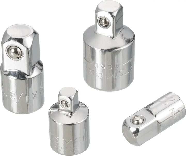 Photo of four CRAFTSMAN chrome socket adapters, SKU CMMT99278, tool accessories on white background.