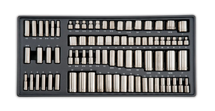 Craftsman socket set CMMT99284, assorted sizes in black tray, top view, photography of hand tool set.