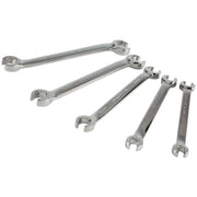 Photo of five CRAFTSMAN flare nut wrenches, chrome finish, arranged side by side, SKU CMMT99333, tool set, angled view.