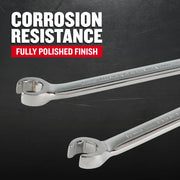 Photo of CRAFTSMAN chrome wrenches with fully polished finish, SKU CMMT99333, showing corrosion resistance claim.