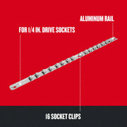 Photo of Craftsman CMMT99400 aluminum socket rail for 1/4 in. drive sockets with 16 socket clips, angled view.