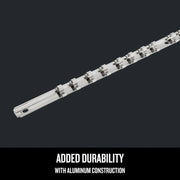 Craftsman aluminum socket rail CMMT99400, top angle, featuring multiple slots and mounting holes.