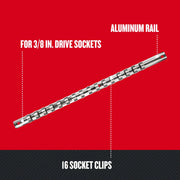 Photo of Craftsman aluminum socket rail, SKU CMMT99401, for 3/8 in. drive sockets with 16 socket clips, angled view.