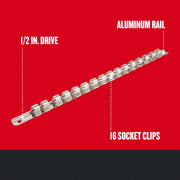 Craftsman aluminum socket rail with 16 clips and 1/2 in. drive, SKU CMMT99402, angled view, photo on red.
