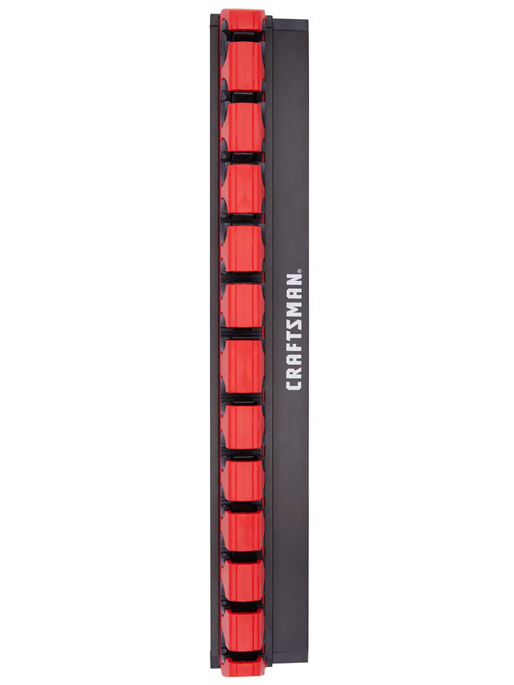 Photo of Craftsman tool organizer rail with red clips, vertical view, SKU CMMT99413.