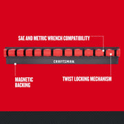 Front angle photo of Craftsman wrench organizer CMMT99413 with red holders, magnetic backing, and twist locking mechanism.