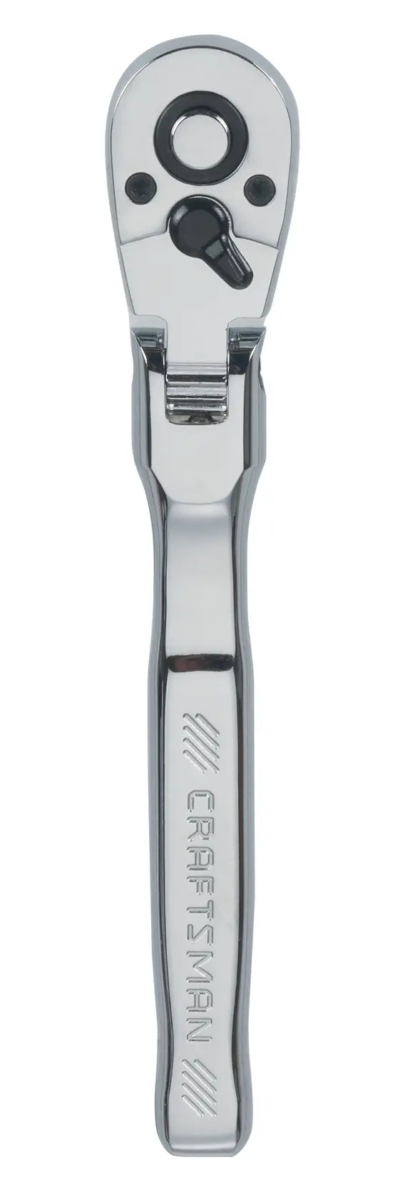 Photo of a silver Craftsman CMMT99420 flexible head ratchet, top view, on white background.