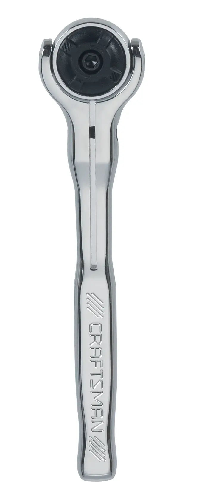Photo of CRAFTSMAN ratchet handle, SKU CMMT99421, chrome finish, front view on white background.