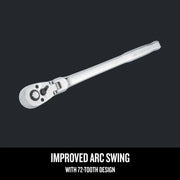 Craftsman 72-tooth ratchet with improved arc swing, silver finish, side angle, CMMT99426.