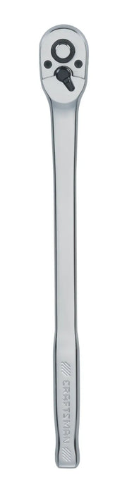 Photo of Craftsman CMMT99427 long handle ratchet, silver finish, tool shown vertically on white background.