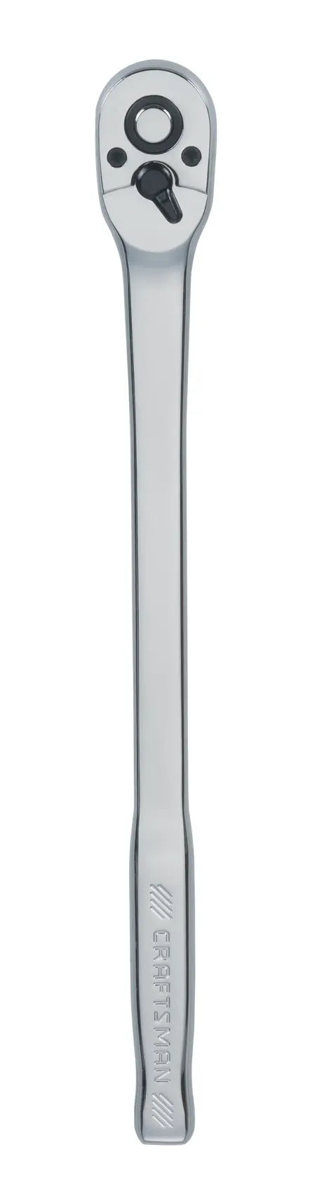 Photo of Craftsman CMMT99427 long handle ratchet, silver finish, tool shown vertically on white background.