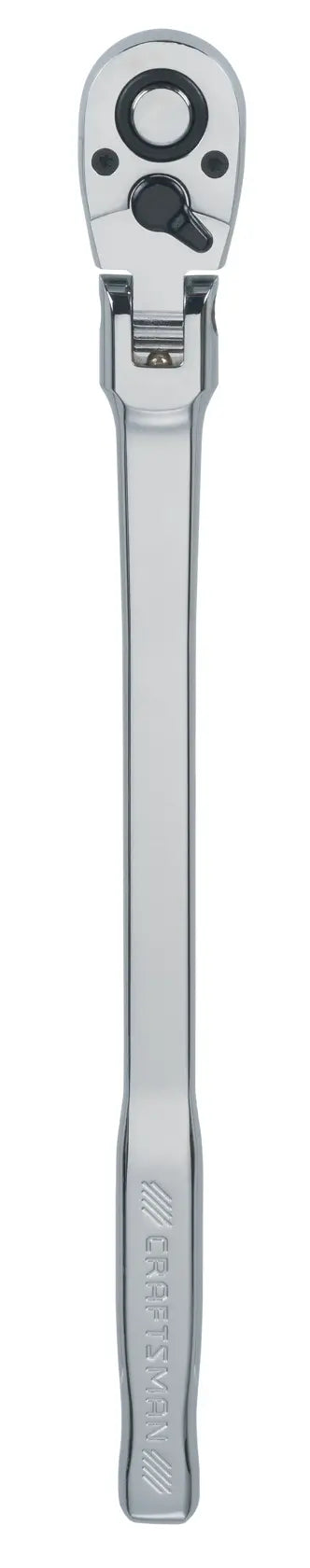 Photo of a Craftsman CMMT99430 long-handle flex head ratchet, silver finish, tool facing up, white background.