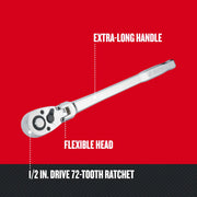 Craftsman 1/2 in. drive 72-tooth ratchet with flexible head and extra-long handle, SKU CMMT99430, side angle.