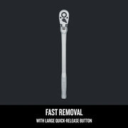 Photo of Craftsman ratchet wrench with quick-release button, long handle, SKU CMMT99430, front angle.